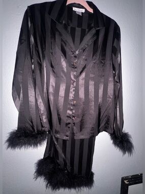 Linea Donatella Black Satin Stripe faux feather PJ Set Size Small